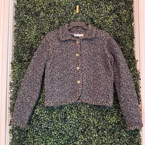 Zara Black and Gray Tweed Cropped Sweater Jacket with Gold Buttons